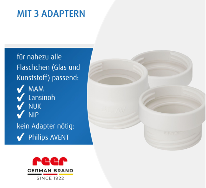 reer Heat2Go mit drei Adaptern für gängige Babyflaschen